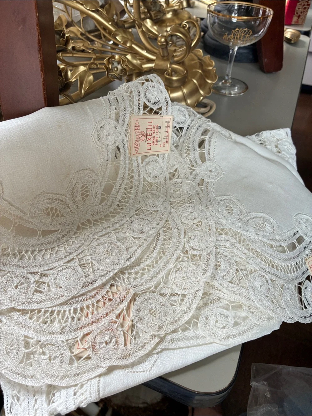 Antique Luxeuil Cream Handmade Pure Linen Lace Table Linens